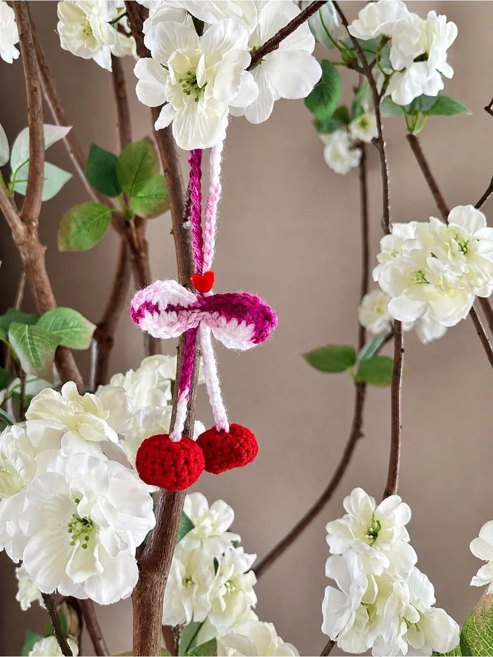 Berry Camo Crochet Cherry Bag Charm - Pink, Red & White